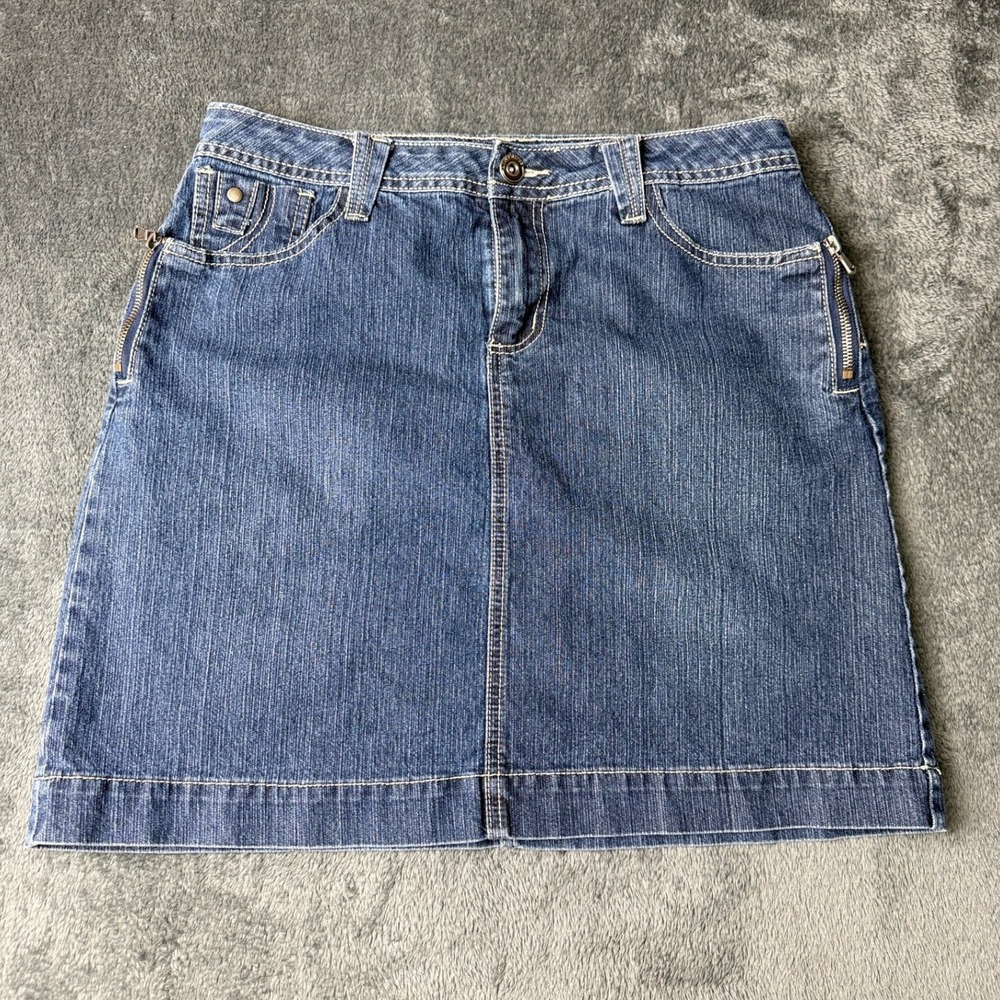 Christiana Zinn Denim Mini Skirt Blue‎ Pockets Zipper Accents Womens Size 8